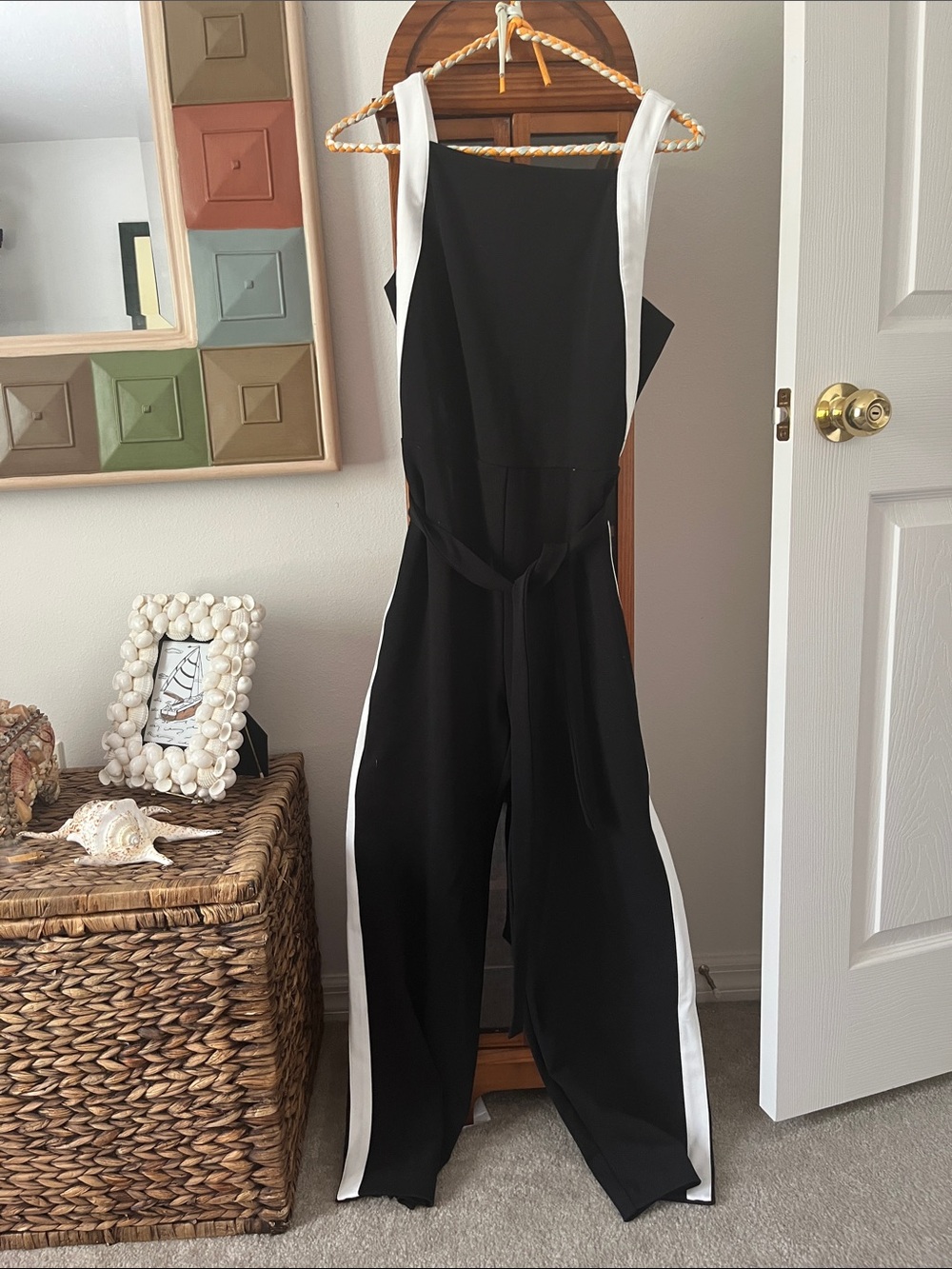 White House Black Market Black Jumpsuit with White Side Panels